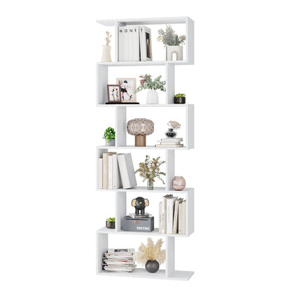 FOTOSOK S-Shaped 6-Tier White Bookcase - Modern Freestanding Display Shelf for Any Room - WoodArtSupply