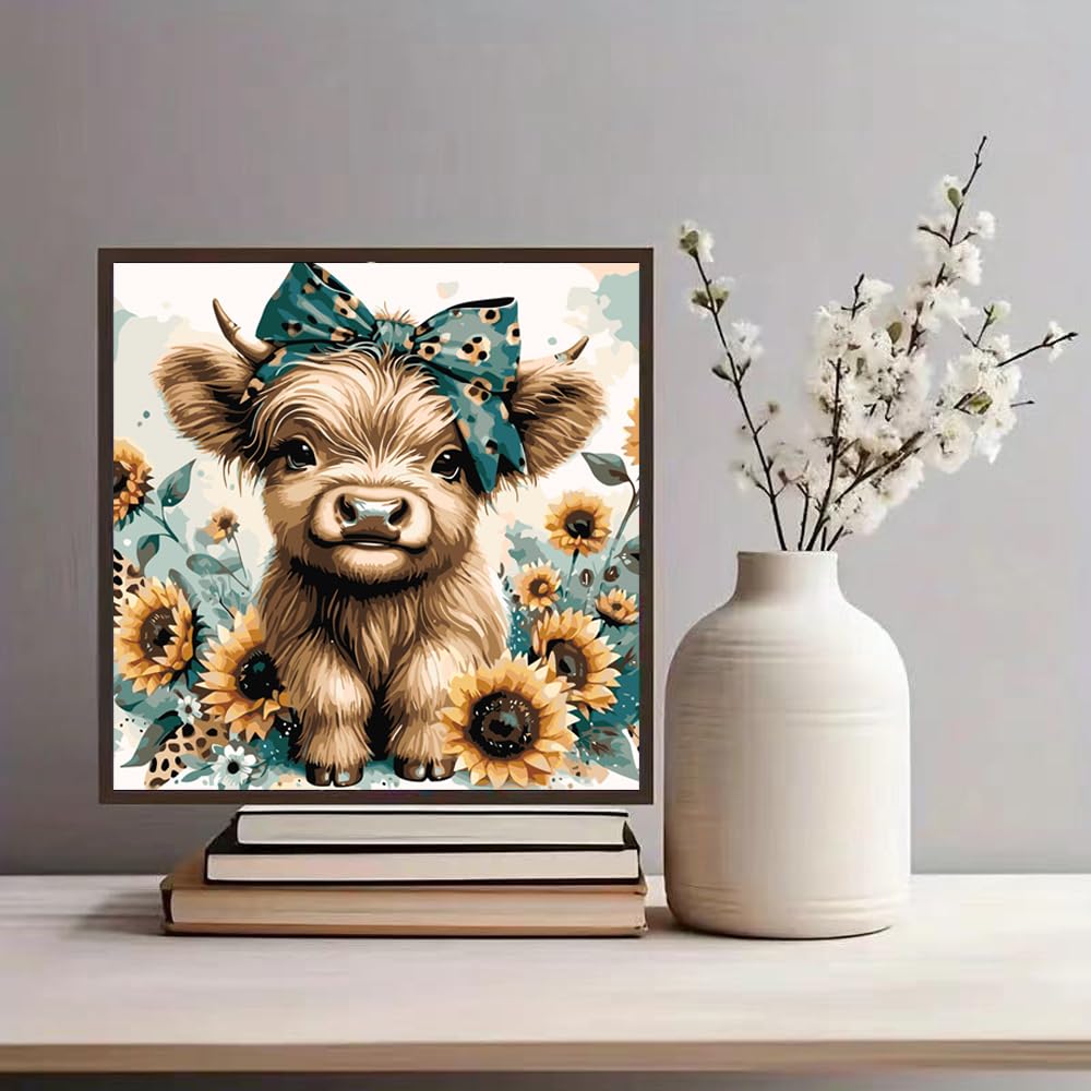 Highland Cow Animals Paint by Numbers Kit for Beginner Easy Paint by Numbers for Sunflower Flower On Canvas Painting Kit For Kids DIY Paint By Number Canvas For Adults for Wall Decor 16 x 16Inch ZQEATRY