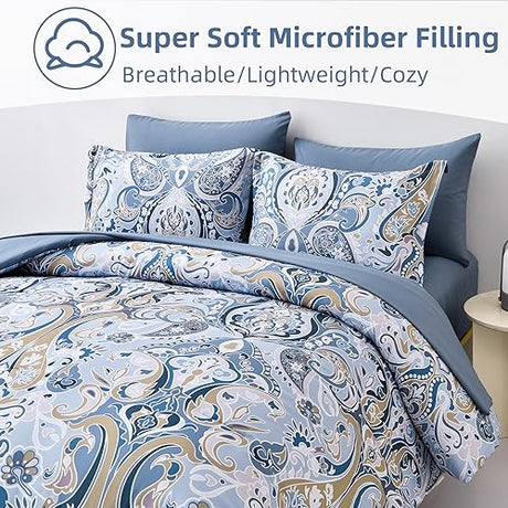 Drucon Blue Paisley Comforter Set Queen, 7 Pieces Bed in a Bag Boho Comforter Soft Microfiber Blue Paisley Bedding(1 Comforter, 1 Flat Sheet, 1 Fitted Sheet, 2 Pillow Shams, 2 Pillowcases) Drucon