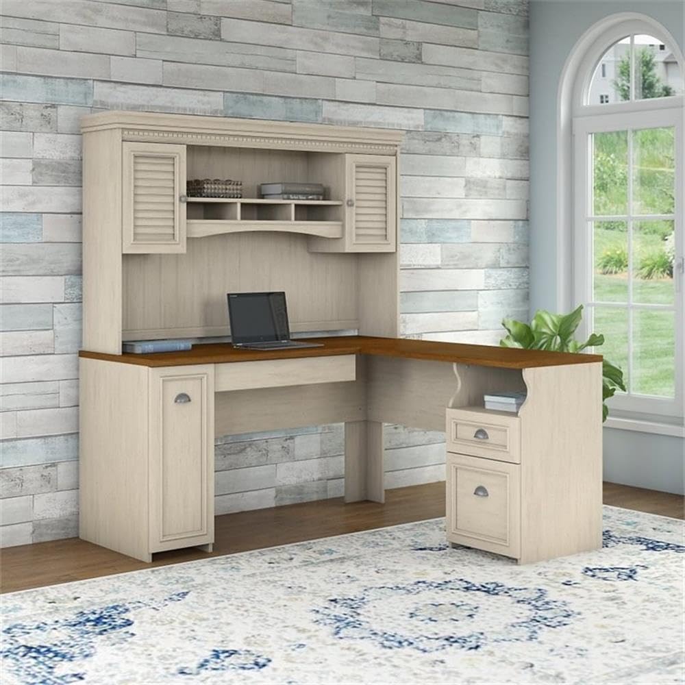 Atlin Designs Farmhouse Wood L Shaped Desk with Hutch in Antique White/Maple Atlin Designs
