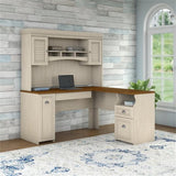 Atlin Designs Farmhouse Wood L Shaped Desk with Hutch in Antique White/Maple Atlin Designs