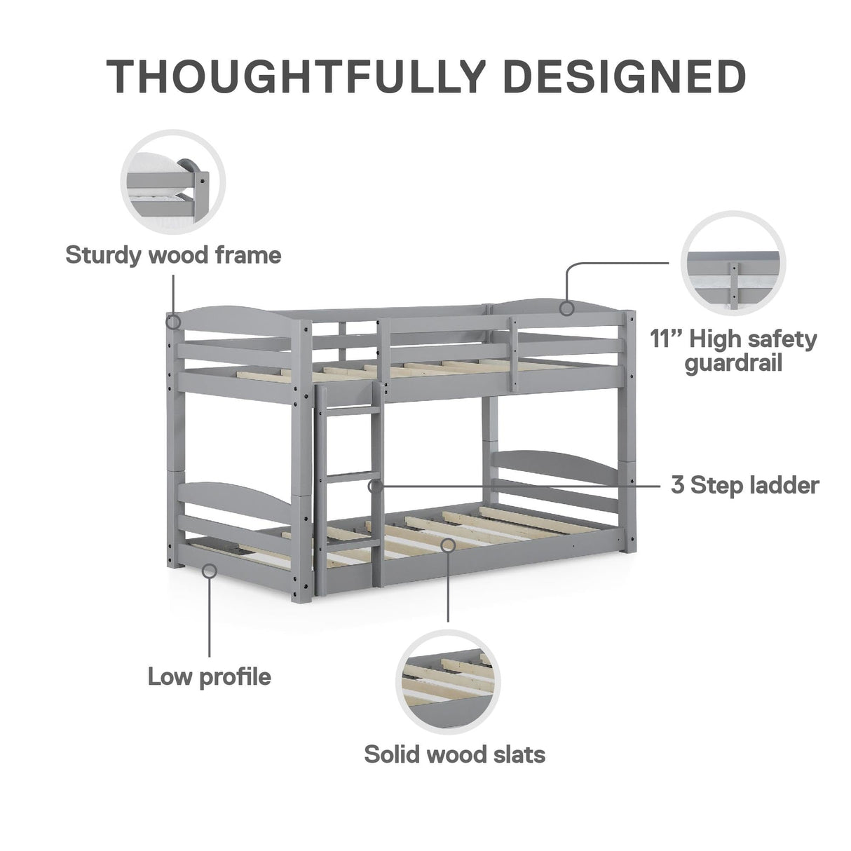 DHP Phoenix Convertible Low Wood Floor Bunk Bed, Stackable and Detachable Bed Frames for Kids, Solid Wood, with Ladder, High Guardrail, Wood Slats, No Boxspring Required, Twin-Over-Twin, Gray DHP