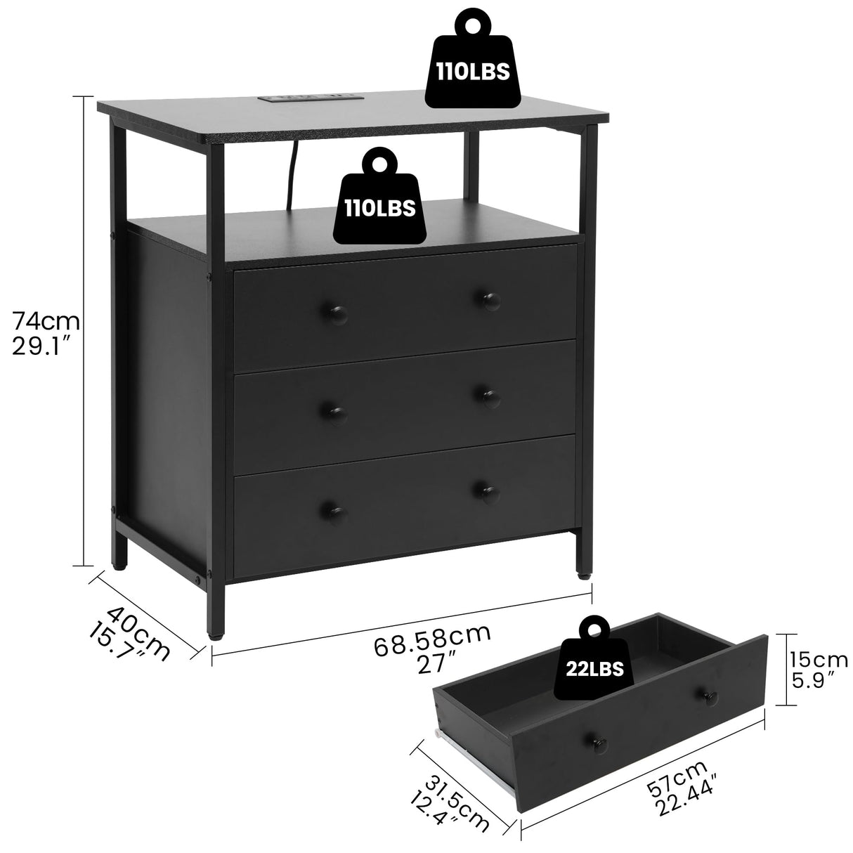 Edbuosy 3 Wooden Drawers Night Stand, 27 Inch Wide Nightstand with Charging Station and Adjustable Drawers, Bedside Table for Living Room/Bedroom/Office, Black. Edbuosy