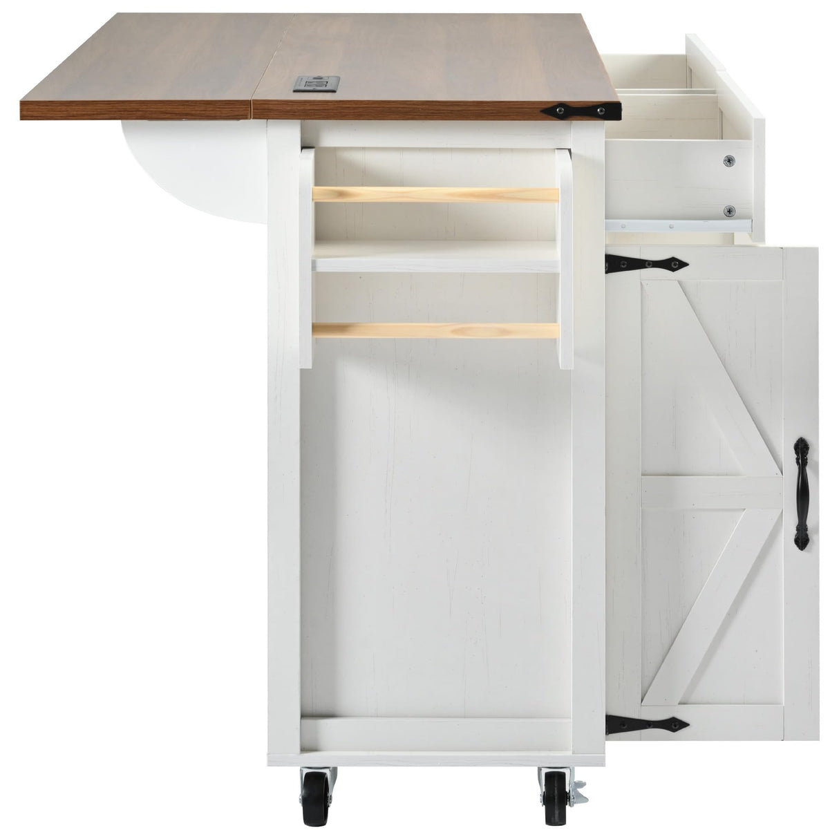 Bellemave 53.5" Farmhouse Kitchen Island cart, Kitchen Cart with Charging Station, Rolling Kitchen Island Table with Drop-Leaf, 2 Drawers, Large Kitchen Island, White Kitchen Island Bellemave