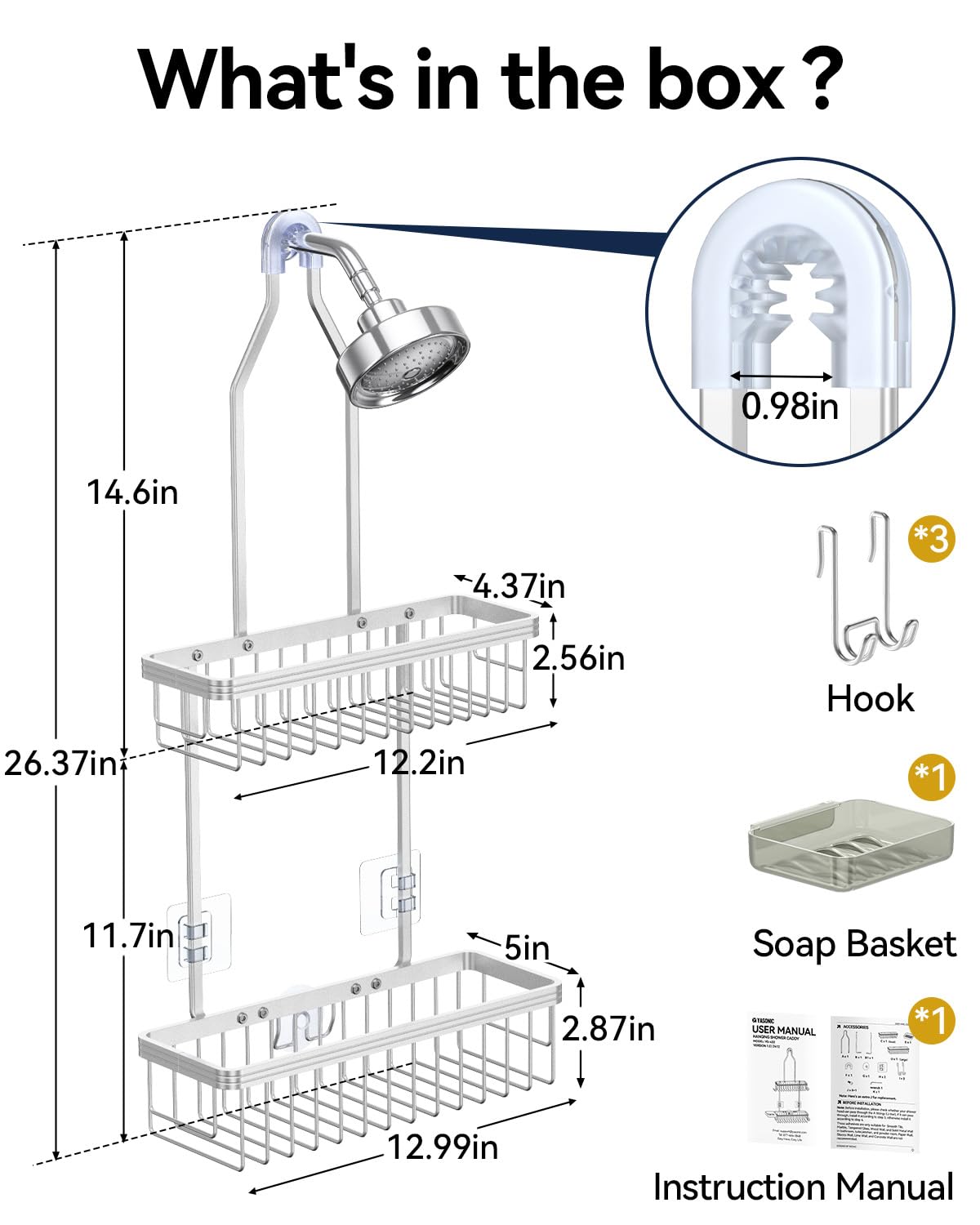 YASONIC Shower Caddy Hanging, Never Rust Shower Organizer Hanging, Aluminum Shower Racks for Inside Shower with Hooks for Razor, Bathroom Organizers and Storage with Soap Holder, Bright Silver YASONIC