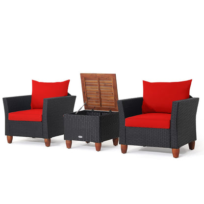 Tangkula 3 Pieces Patio Porch Furniture Set, PE Rattan Wicker Chair Conversation Set with Cushions and Storage Table, Outdoor Acacia Wood Bistro Set for Garden, Poolside (Red) - WoodArtSupply