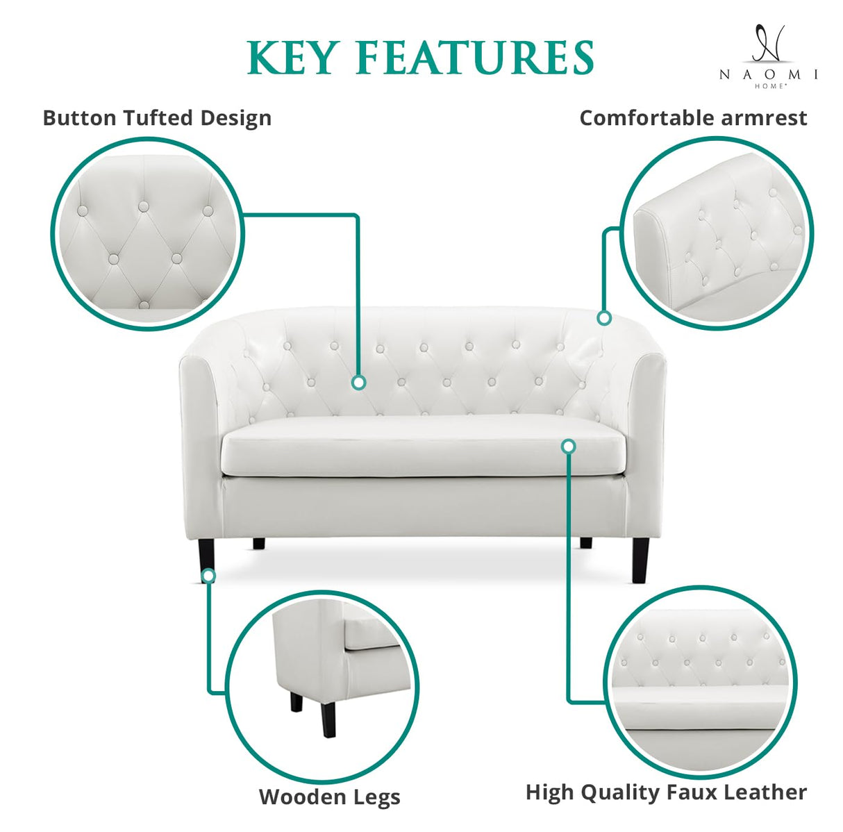 Naomi Home Barrel Love Seat, Button Tufted Faux Leather Loveseat Sofas, Modern 2 Seater Faux Leather Sofa, Small Loveseats for Small Spaces, Bedrooms, Love Seat Couches for Living Room - White Naomi Home
