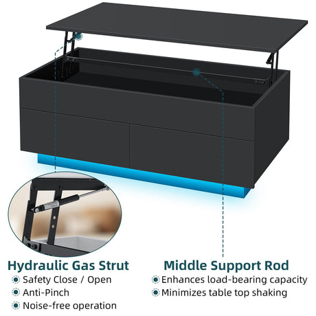 HOMMPA Lift Top Coffee Table with Hidden Storage LED Coffee Table Morden High Gloss Black Living Room 3 Tiers Modern Tea Table with Storage Center Tables Hidden Compartment & 2 Drawers HOMMPA