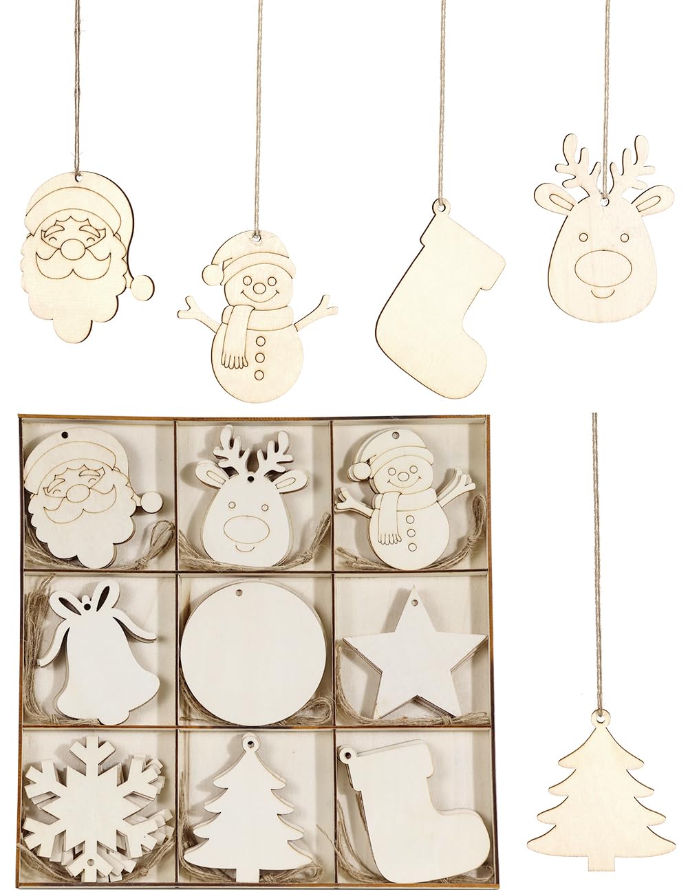 Wohohoho 45Pcs Unfinished Paintable Blank Wooden Christmas Ornaments with Tray, 9 Designs DIY Predrilled Wood Ornaments for Crafts. Christmas Tree Hanging Decorations Xmas Art Birthday Gift for Kids