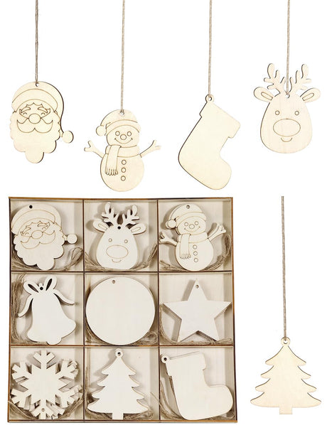 Wohohoho 45Pcs Unfinished Paintable Blank Wooden Christmas Ornaments with Tray, 9 Designs DIY Predrilled Wood Ornaments for Crafts. Christmas Tree Hanging Decorations Xmas Art Birthday Gift for Kids wohohoho