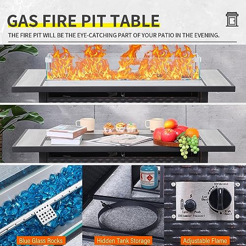 Lviden 5 Piece Wicker Patio Furniture Sets Outdoor Conversation Set, PE Rattan Sectional Sofa Couch with 45" Fire Pit Table and Non-slip Peacock Blue Cushions, Furniture Covers included Lviden