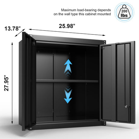 GREATMEET Metal Wall Cabinet, Wall Mounted Storage Cabinet for Garage Storage, Floating Cabinet with Doors and Adjustable Shelf, Steel Cabinet with Lock for Utility Room,Garage GREATMEET