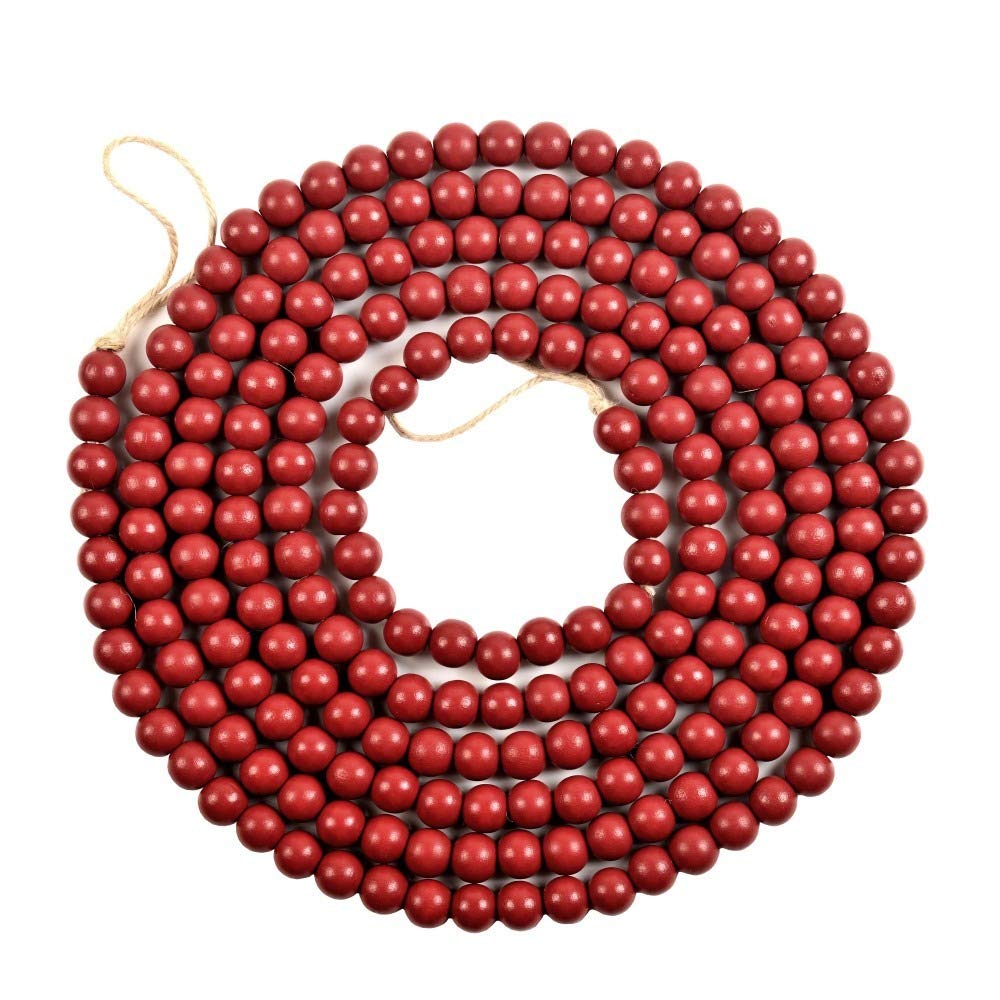 REOVE Christmas Wooden Bead Garland Bright Red Wood Bead Garland Christmas Tree Holiday Decoration (Dark Red, 9 feet)