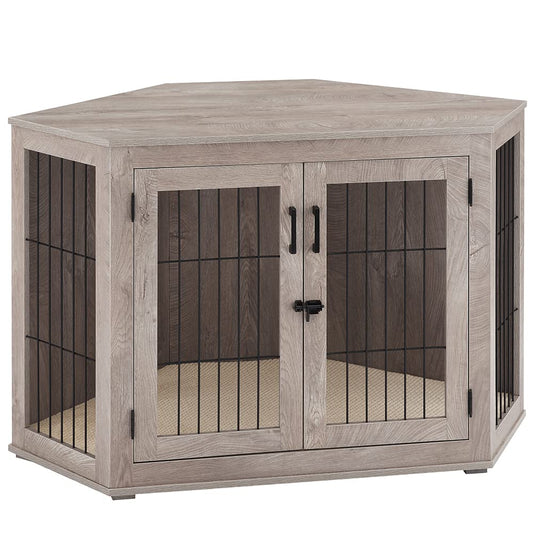 beeNbkks Furniture Dog Crate Corner, Dog Kennel Corner Wooden End Table with Cushion, Indoor Pet Crates Corner Side Table for Dogs, Wide Top Perfect for Limited Room(Large, Weathered Gray) - WoodArtSupply