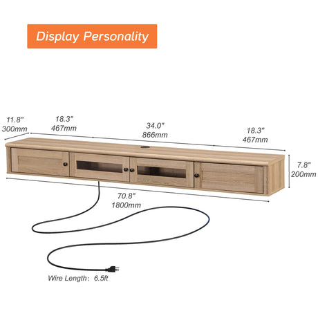 WAMPAT Floating TV Stand for TVs up to 80 Inch, Wooden Floating TV Shelf with Storage Cabinet, Modern Floating TV Shelf Entertainment Center for Living Room, Oak WAMPAT