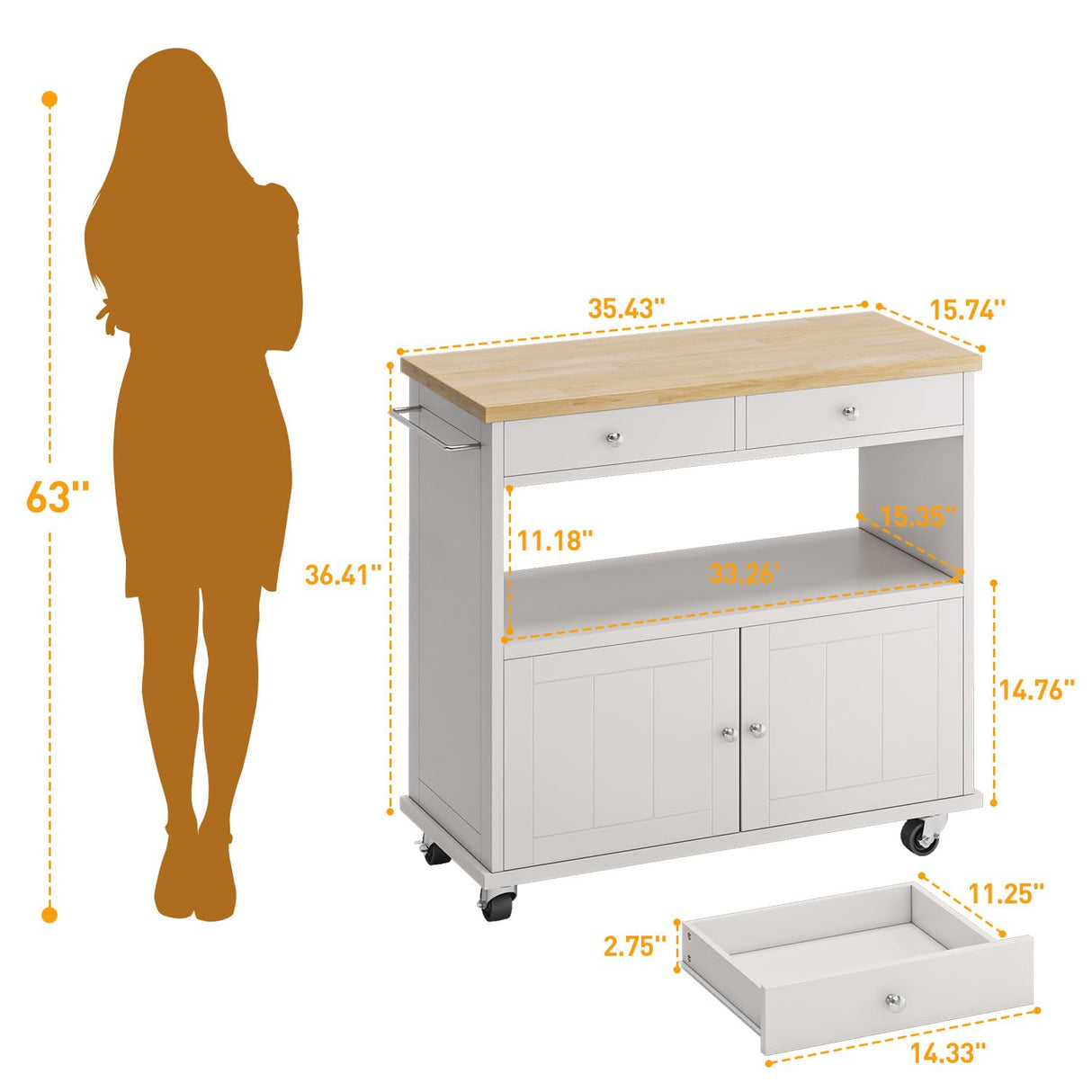 knoworld Rolling Kitchen Island with Storage Cabinet, 35.4'' Width Kitchen Cart, 2 Drawers Island Table, Portable Mobile Kitchen Island with Towel Rack, Wood Top and Lockable Wheels, White knoworld