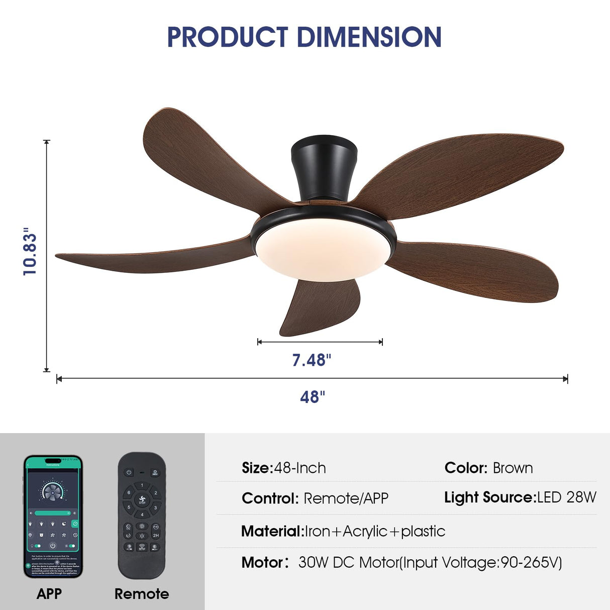 PHORUS Low Profile Ceiling Fans with Lights and Remote/APP,48 Inch Modern LED Ceiling Fans with Quiet Reversible DC Motor, Dimmable 3 Colors 6 Speeds PHORUS