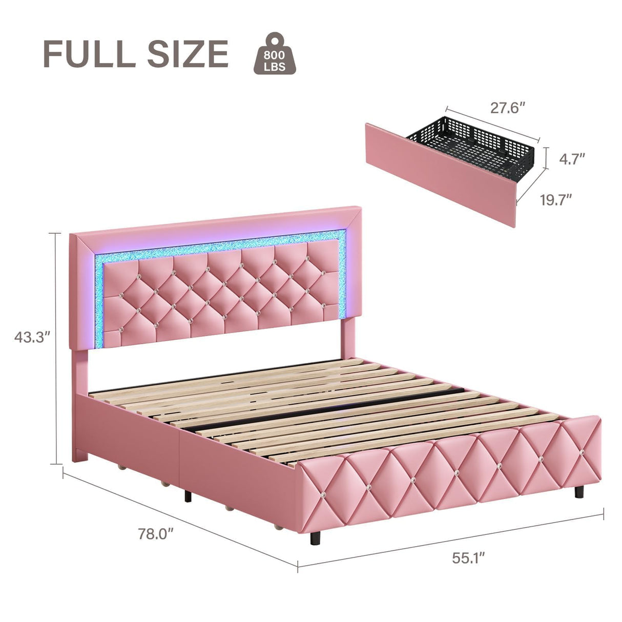 Full Size Bed Frame with LED Lights, Upholstered Bed Frame with Storage Drawers, Princess Platform Bed with Diamond Headboard and Footboard, No Box Spring Needed, Pink BarnFurin