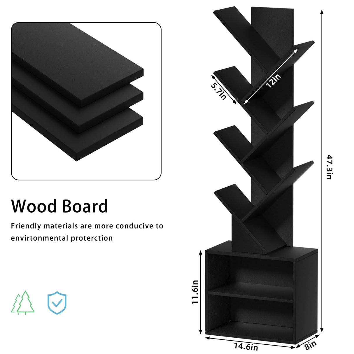 SHEEPAM 10 Tier Tree Bookshelf,Floor Standing Wood Tall Bookcase for Narrow Space, Storage Organizer Bookshelves for Books, Book Case for CDs/Movies/Books,Home Office,Living Room, Bedroom SHEEPAM