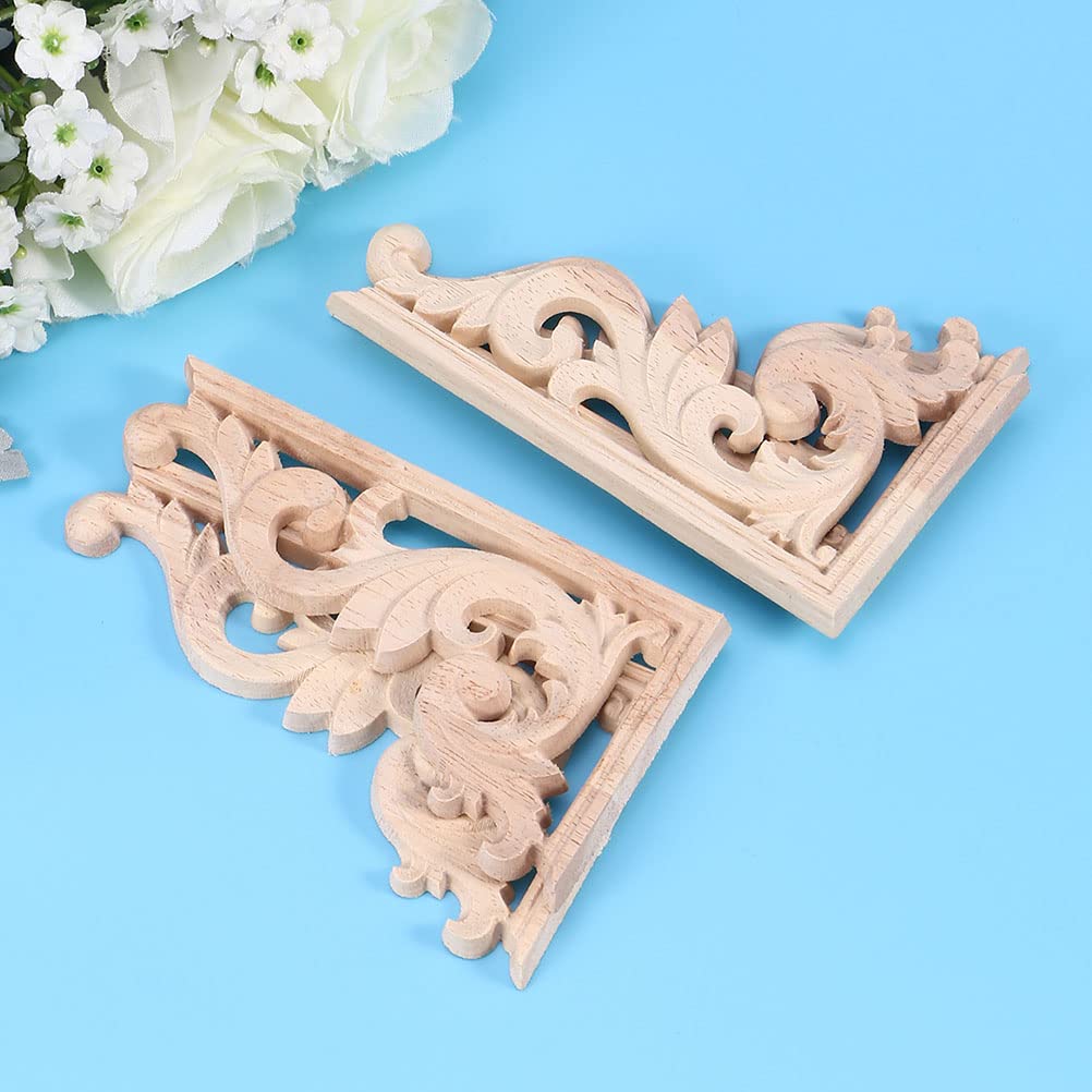 EXCEART 2Pcs Solid Wood Long Flower Piece Wall Applique Wood Carved Applique Door Wood onlays Onlay Applique Frame Furniture Wooden Appliques Corner EXCEART