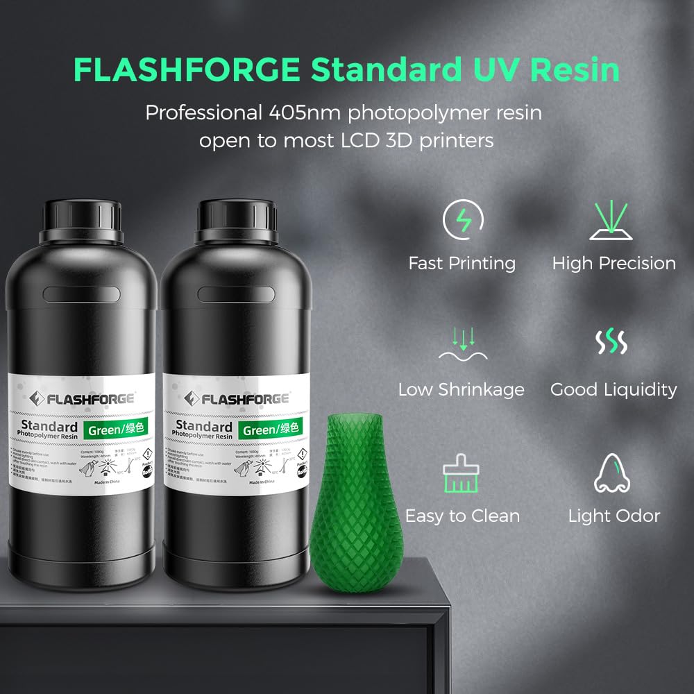 FLASHFORGE 3D Printer Resin, Fast Curing Standard 3D Resin High Precision & Excellent Fluidity with Low Odor, 405nm UV Curing 3D Printing Resin for LCD/DLP/SLA Resin 3D Printer (Green, 1KG)