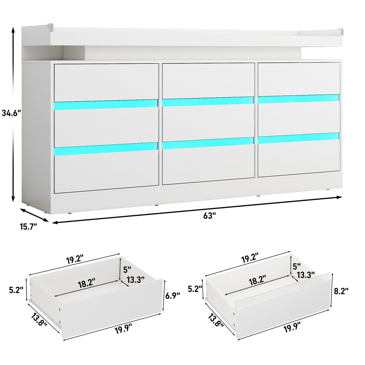 Hlivelood 9 Drawer Dresser with Power Outlet & LED Light, Modern Chest of Drawers for Closet Modern Large Dresser Organizer Cabinet for Bedroom, Living Room, White Hlivelood