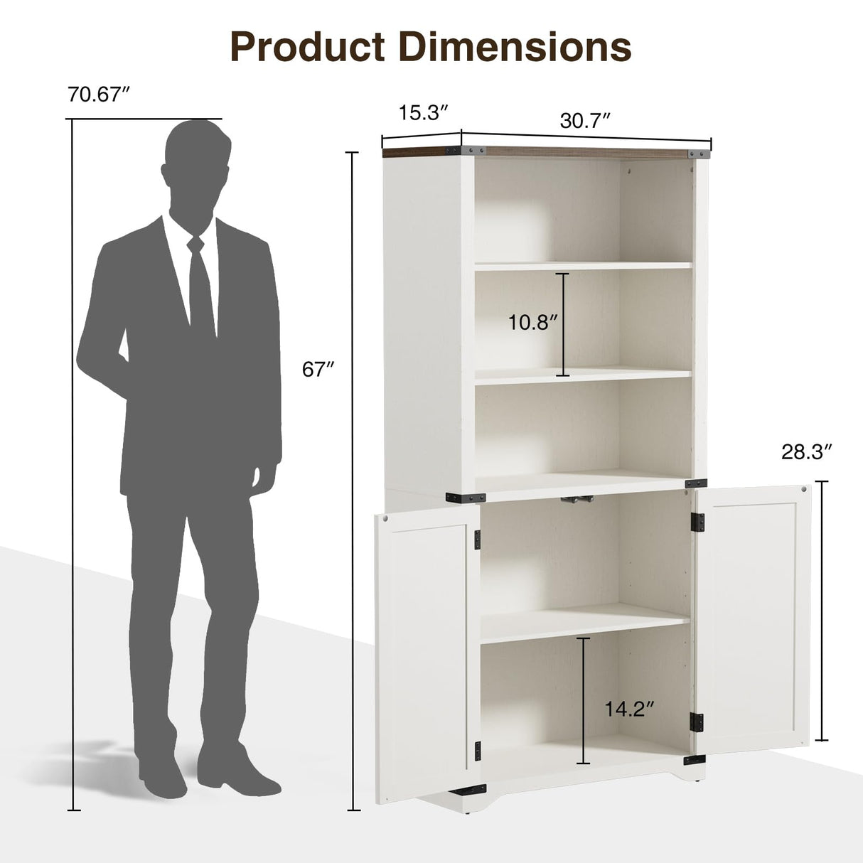 Farmhouse Bookshelves and Bookcases with Doors, Antique White Tall Bookshelf with Storage Cabinet, Kitchen Pantry Bathroom Organizer, 5-Tier Country Rustic Display Rack for Living Room, Home, Office FiveWillowise