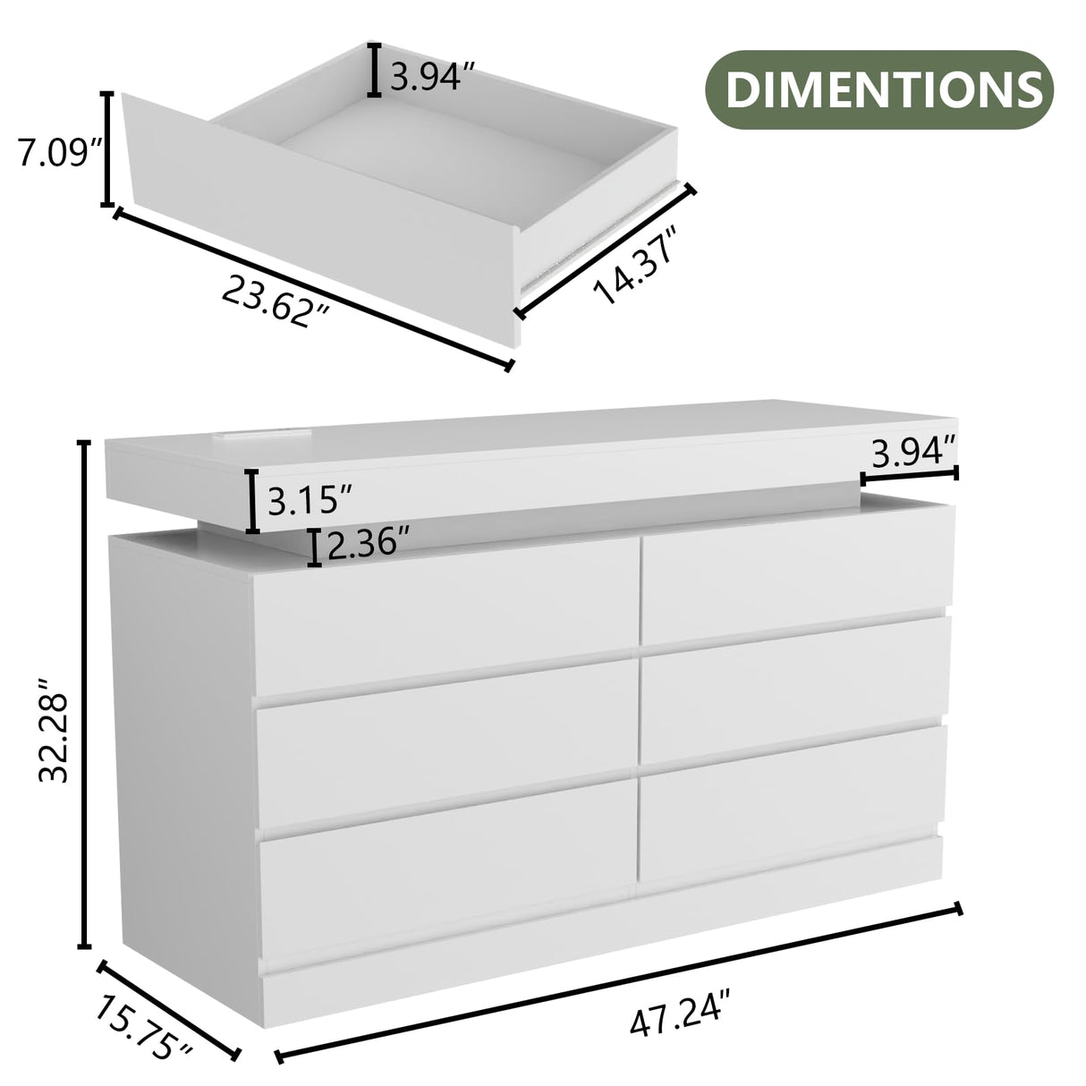 Gyfimoie 6 Drawer Dresser with Power Outlet, White Dresser with LED Light, Modern Chest of Drawers for Closet, Double Wide Drawer Organizer Cabinet for Bedroom, Living Room, Entryway, Hallway (White) Gyfimoie