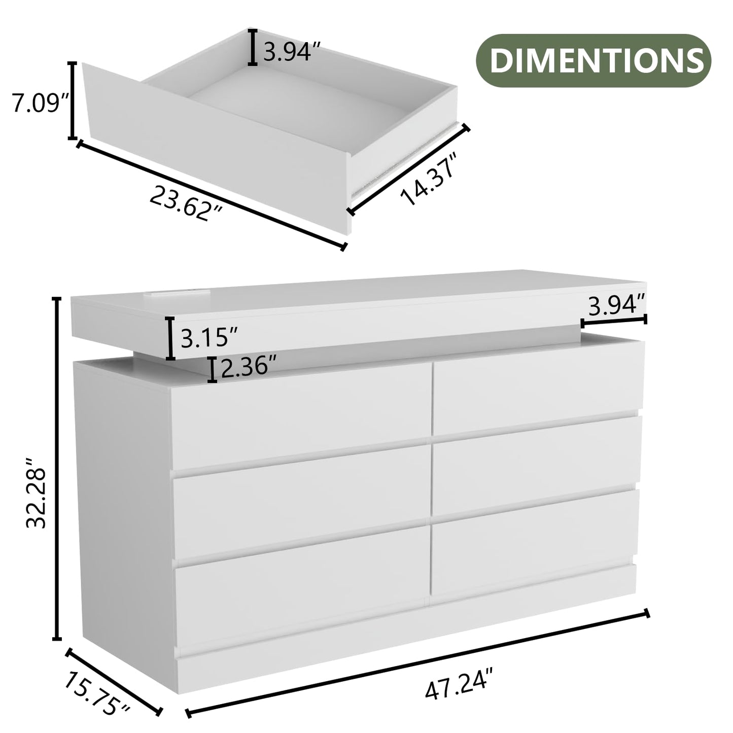 Gyfimoie 6 Drawer Dresser with Power Outlet, White Dresser with LED Light, Modern Chest of Drawers for Closet, Double Wide Drawer Organizer Cabinet for Bedroom, Living Room, Entryway, Hallway (White)