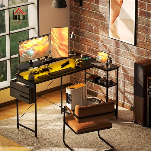 HOMCOM 58" L Shaped Gaming Desk with Power Outlets and LED Lights, Reversible Computer Desk with Monitor Stand, Fabric Storage Bag, Cable Management, for Home Office, Black HOMCOM