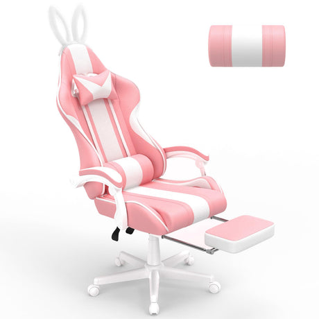 Ferghana Kawaii Pink Gaming Chair with Bunny Ears, Ergonomic Cute Gamer Chair with Footrest and Massage, Racing Reclining Home Computer Game Chair for Girls Adults Teens Kids Ferghana