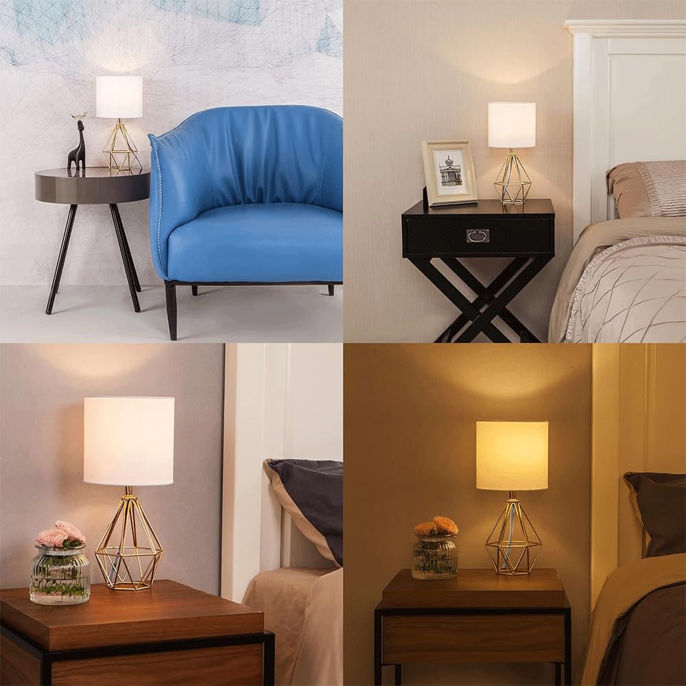 COTULIN Gold Modern Hollow Out Base Bedroom Small Table Lamp,Bedside Nightstand Lamp with Geometric Metal Base White Fabric Shade,Cute Desk Lamp for Kids Living Room COTULIN