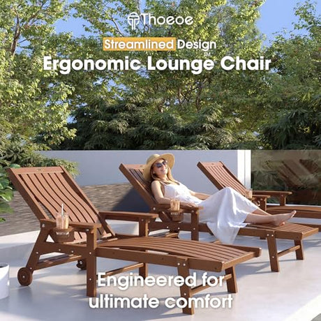 THOEOE Patio Chaise Lounge Chair, Oversized Lounge Chair Outdoor with 5 Positions, 78″ Long, HDPE, Patio Lounge Chair with Wheels & Cup Holder for Pool, Deck, Poolside,Wood THOEOE