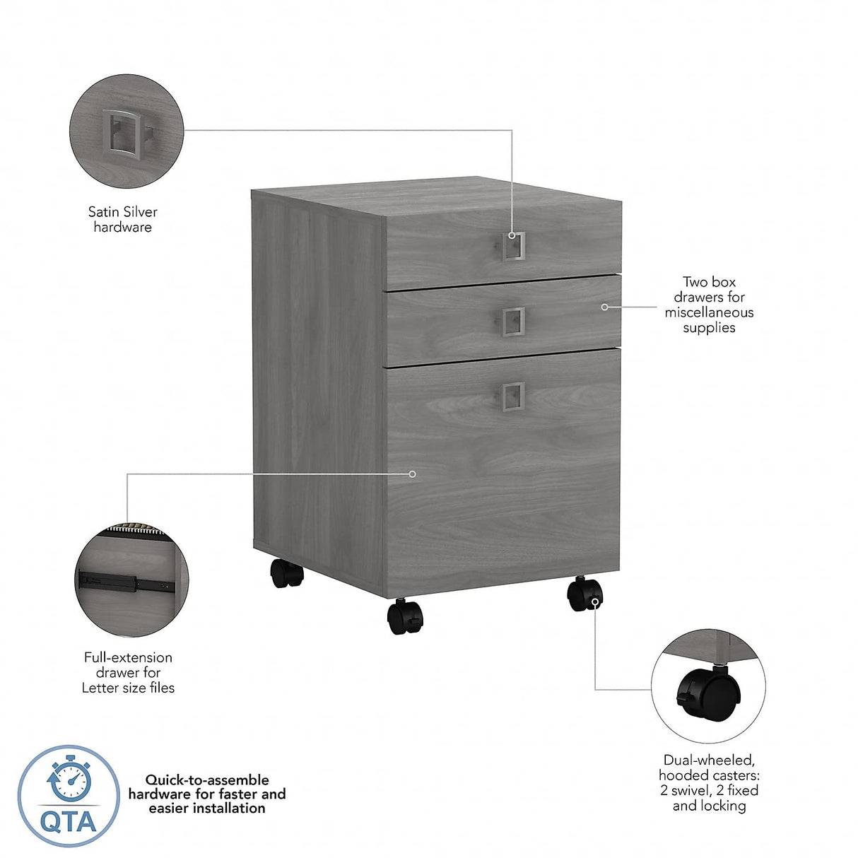 Bush Business Furniture Echo Mobile Cabinet with Satin Silver Hardware Under Desk Filing Drawer Storage for Home Office or Professional, 16W, Modern Gray Bush Business Furniture