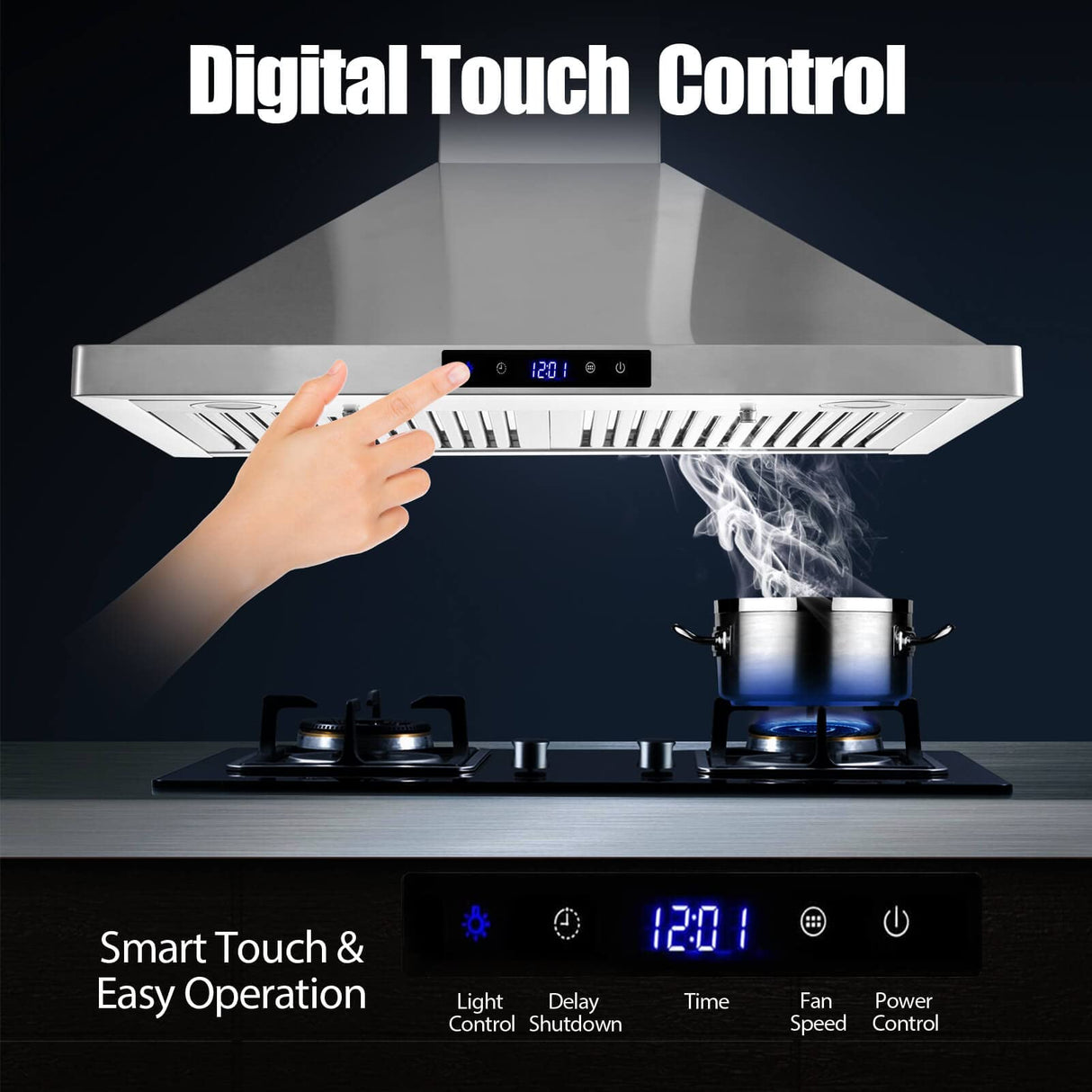 Tieasy Wall Mount Range Hood 30 inch Kitchen Hood 700 CFM with Ducted/Ductless Convertible Duct, Touch Control, Permanent Filters, Stainless Steel, 3 Speed Exhaust Fan, LED Light Tieasy