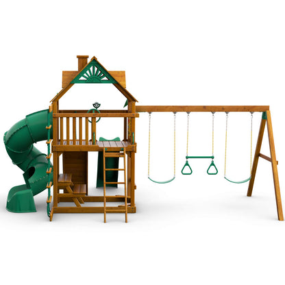 Gorilla Playsets 01-0005-AP Mountaineer Wooden Swing Set with Two Slides & Wood Roof, Brown