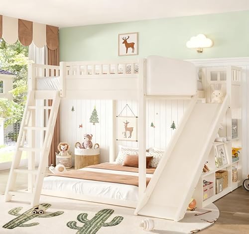 Bellemave Bunk beds Full Over Full with Slide and Stair and upholstered headboard, Low bunk/loft Bed for Kids，Beige Bellemave