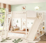 Bellemave Bunk beds Full Over Full with Slide and Stair and upholstered headboard, Low bunk/loft Bed for Kids，Beige Bellemave
