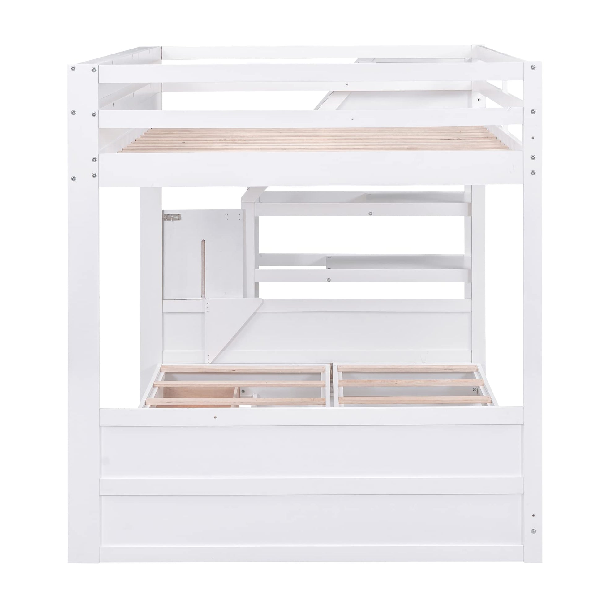 Harper & Bright Designs Convertible Full Over Full Futon Bunk Bed with Stairs, Drawers, and Built-in Shelf in White - WoodArtSupply