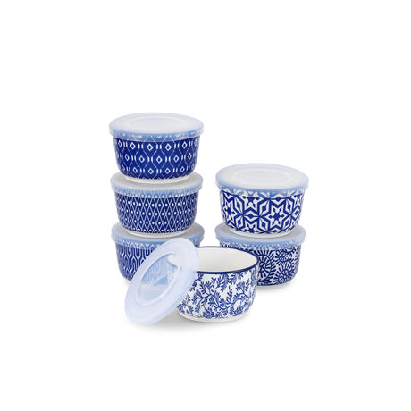 Selamica Ramekins with Lids, 8 oz Oven Safe Creme Brulee Ramekins with Covers, Souffle Dishes Pudding Custard Cups, Stackable Ceramic Small Ramekin Bowls Set for Baking, Dipping, Ice Cream, Set of 6, Vintage Blue Selamica