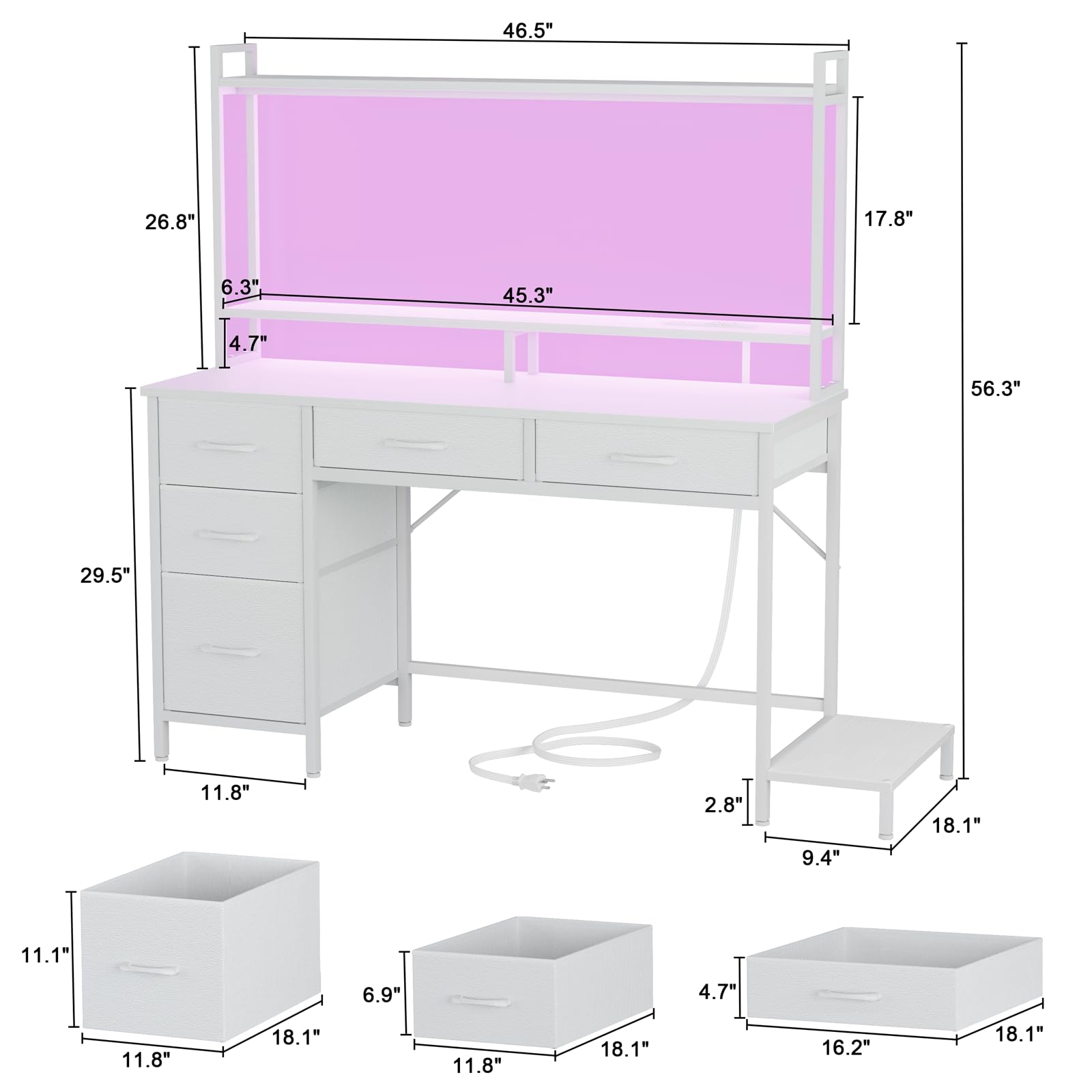 Korfile Computer Desk with Hutch, White Gaming Desk with Power Outlets & LED Ligthts & 5 Fabric Drawers, Home Office Desk with 2 Tiers Storage Shelves for Display, 47" PC Gamer Table for Bedr - WoodArtSupply