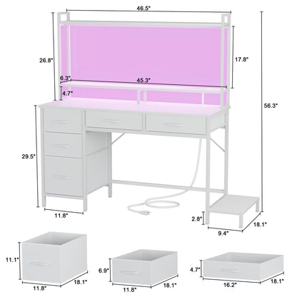 Korfile Computer Desk with Hutch, White Gaming Desk with Power Outlets & LED Ligthts & 5 Fabric Drawers, Home Office Desk with 2 Tiers Storage Shelves for Display, 47" PC Gamer Table for Bedr - WoodArtSupply