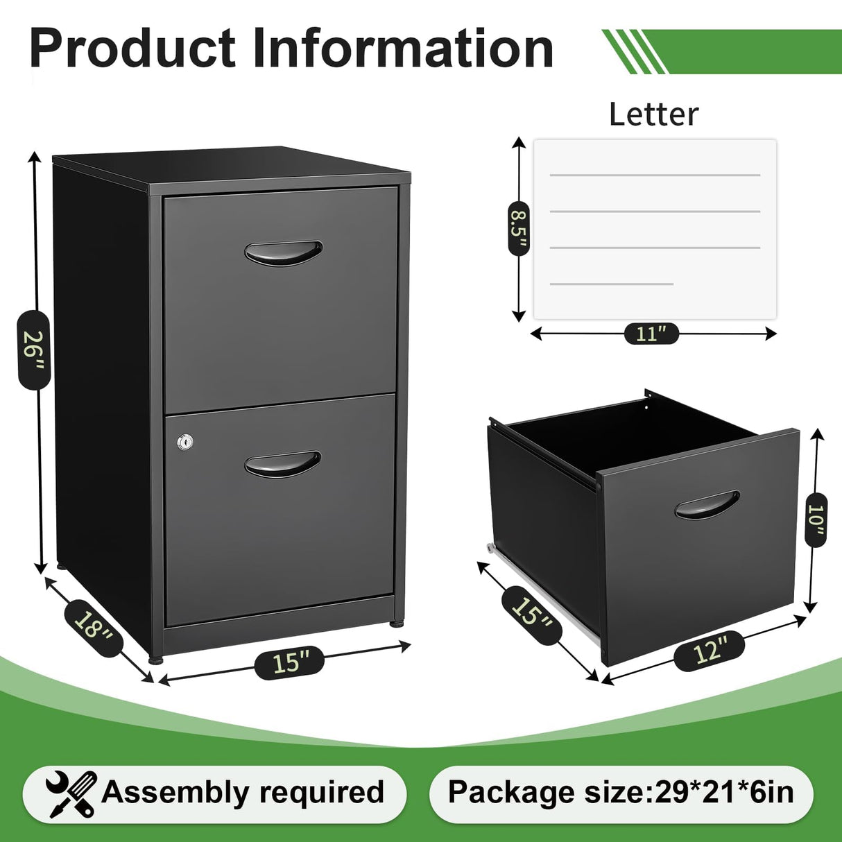 TIMELESS PIECES 2-Drawer Black Metal File Cabinet for Home Office, Locking, Small, Vertical TIMELESS PIECES