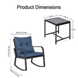 HLNPTN 3 Pieces Patio Rocking Chairs Outdoor Bistro Set, Wicker Outdoor Rocker Chair of 2, Porch Sofa Seat Patio Furniture Conversation Sets with Tempered Glass Top Coffee Table & Cushions, Dark Blue HLNPTN