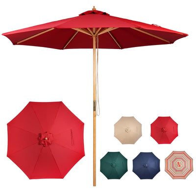 CASUNER 9FT Bamboo Umbrella, Outdoor Patio Umbrella, Waterproof Market Umbrella, 8 Ribs Table Umbrella with Pulley Lift for Garden, Deck, Pool, lawn, Backyard (RED)