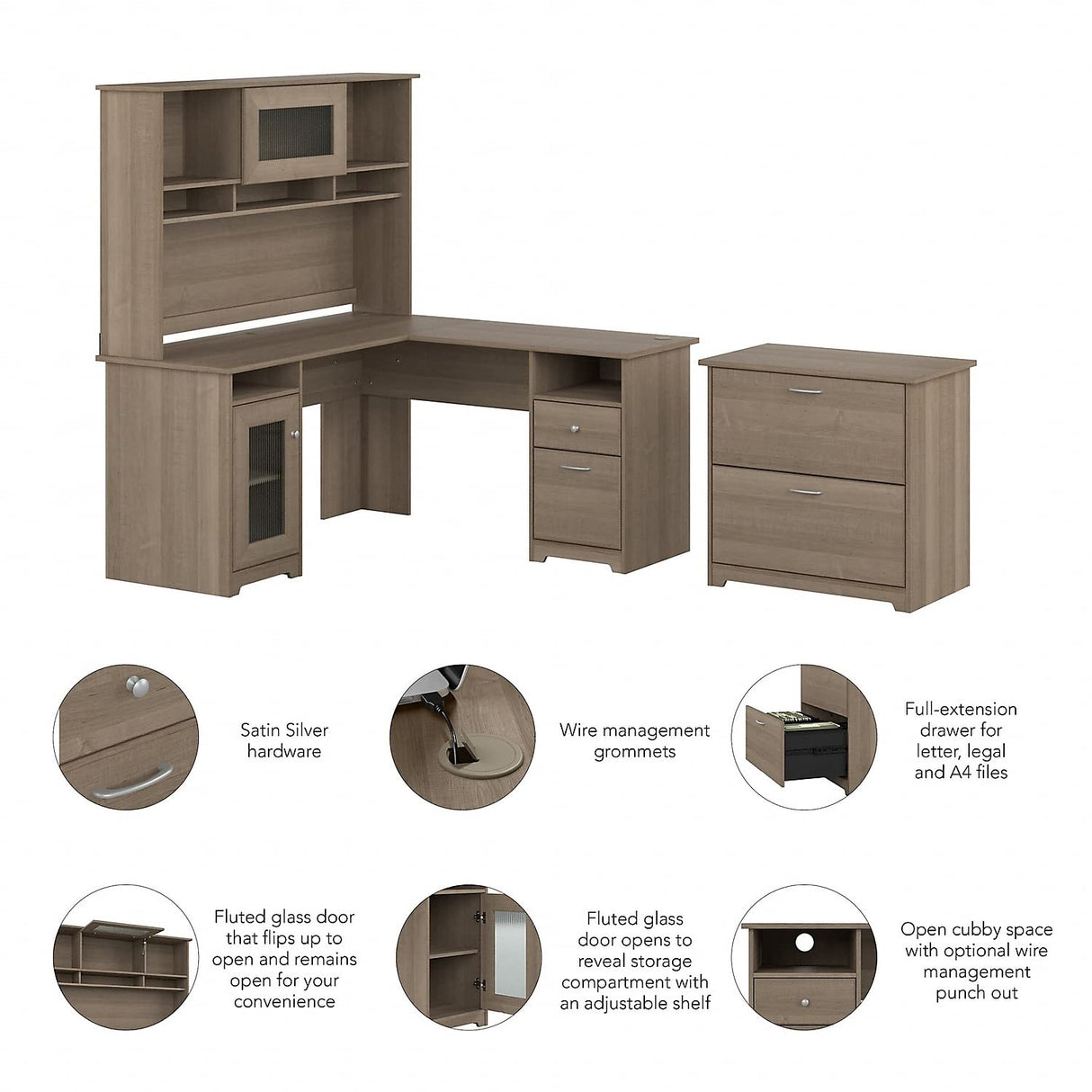 Bush Furniture Cabot 60W L Shaped Computer Desk with Hutch and Lateral File Cabinet in Ash Gray Bush Business Furniture