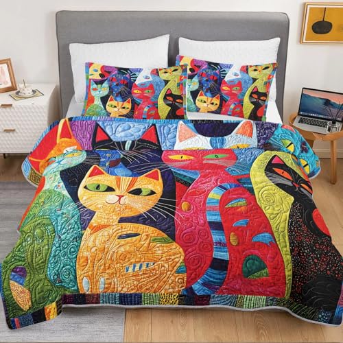 HOSIMA Cat Quilt Bedding Set King Size,Various Different Cats Print Cute Bedding for Kids Adults Room Decor,Animal Themed Plaid Patchwork Quilt with 2 Pillowcases for All Seasons. HOSIMA