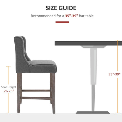 HOMCOM 26.25" Counter Height Bar Stools, Tufted Wingback Armless Upholstered Dining Chair with Rubber Wood Legs, Set of 2, Gray - WoodArtSupply