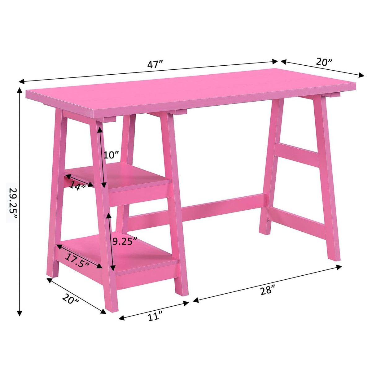 Convenience Concepts Designs2Go Trestle Desk with Shelves, 47", Pink Convenience Concepts