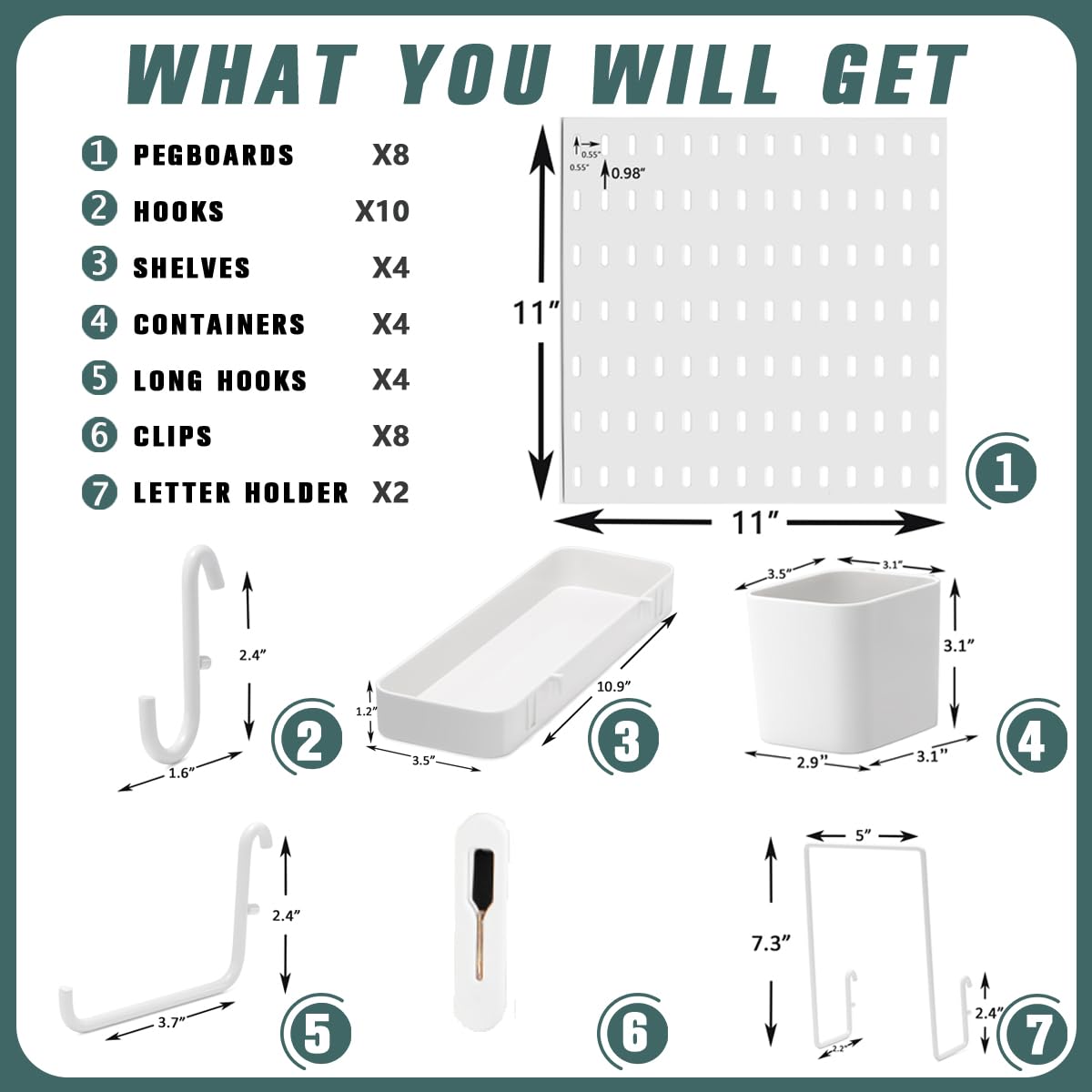 MULSAME Pegboard Combination Kit, Wall Mounted Storage Set with 8 Pegboards & 32 Accessories Hanging, White Peg Boards Organizer for Walls Display, Crafts Organization, Kitchen Organizer, 22" x 44" MULSAME